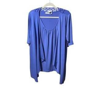 Susan Graver New Periwinkle Lace Trim Knit Cardigan Tank Set 1X Plus Resort Wear